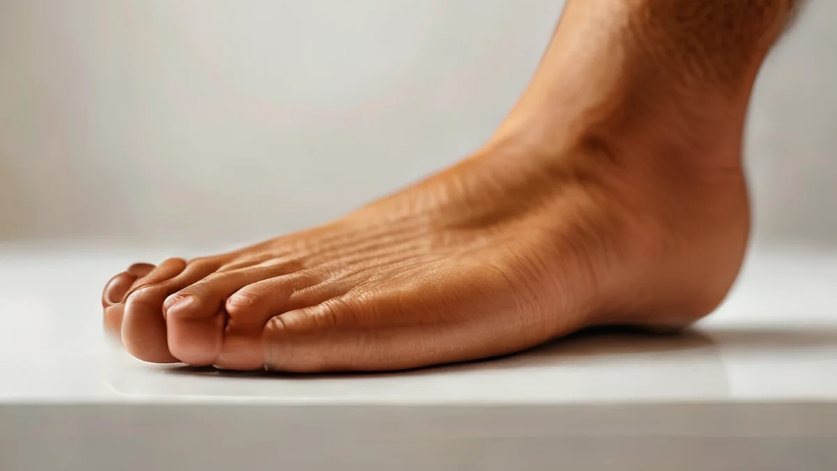 A foot with a uniform tan color, showing skin texture and subtle pigmentation.