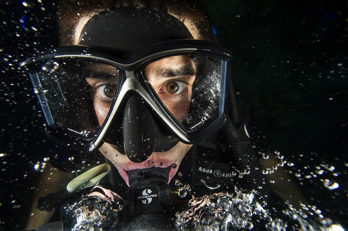 Scuba diver mask underwater